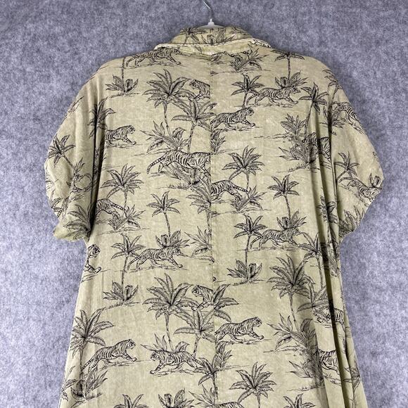 Easel Dress Small Green Tiger Print Button Front Midi Boho Safari Slits Roll Tab - Picture 15 of 16